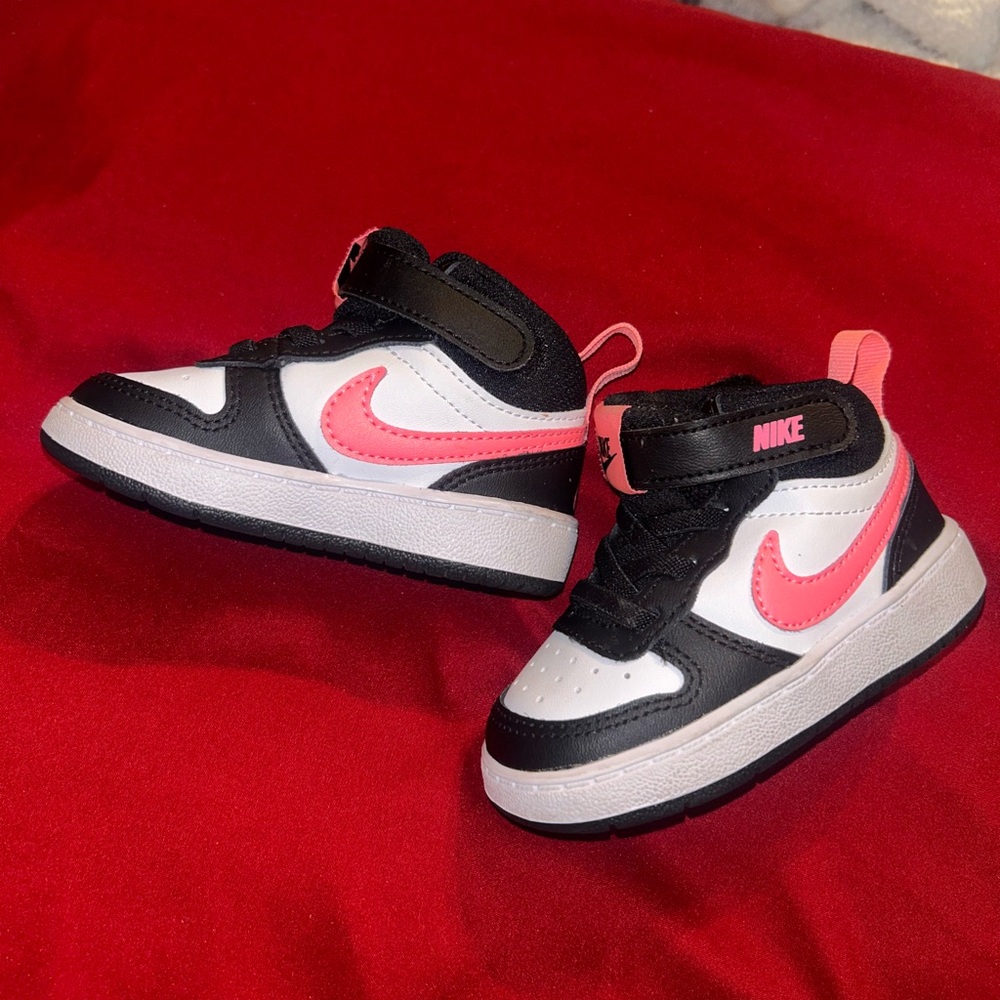 Nike Kids Black White Pink High-Top Sneakers with Pink Swoosh